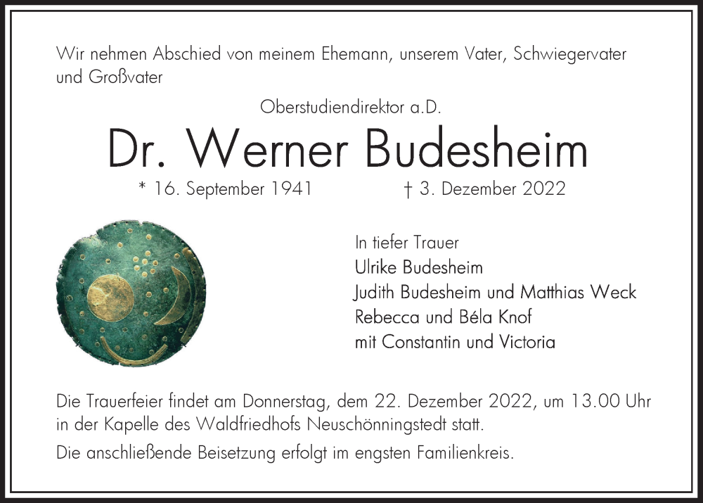 Traueranzeige für Dr. Werner Budesheim